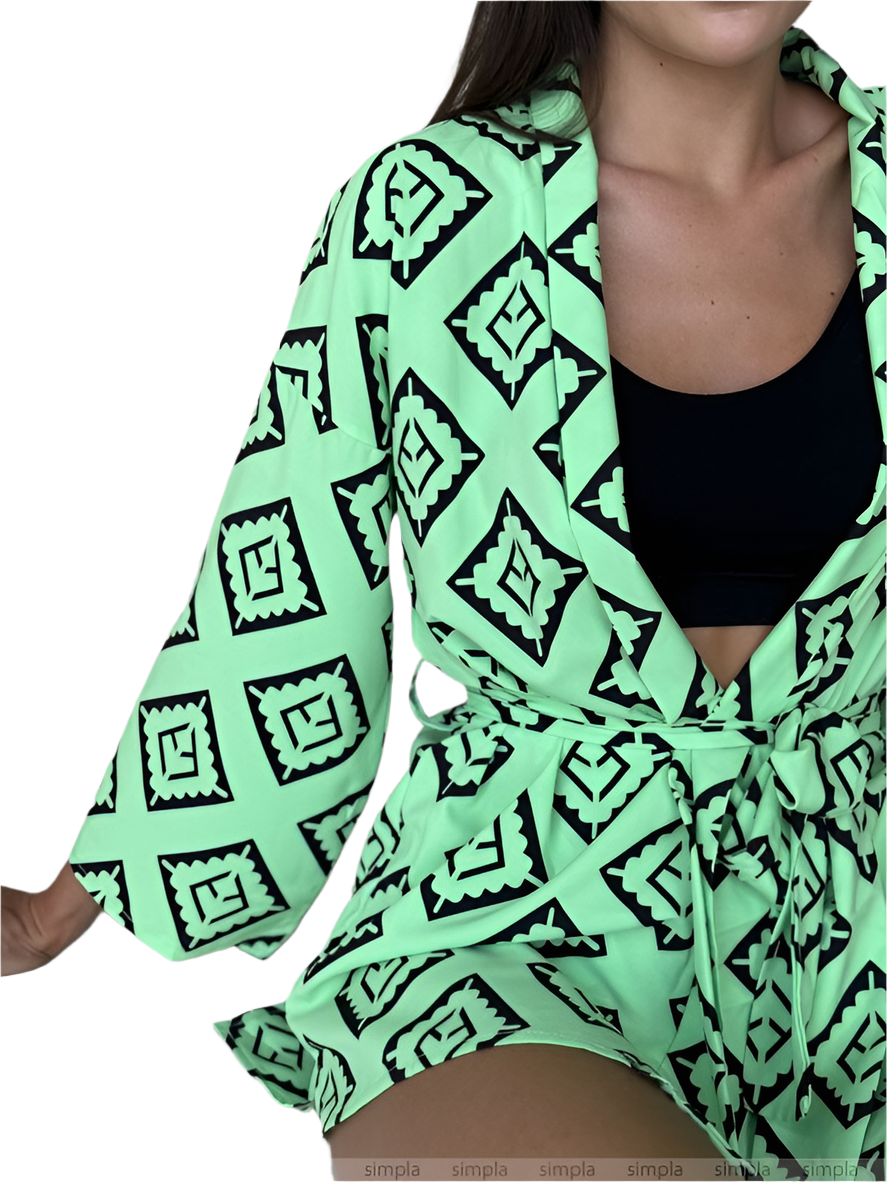 Womens Green Patterned Soft Fabric Kimono Set with Shorts