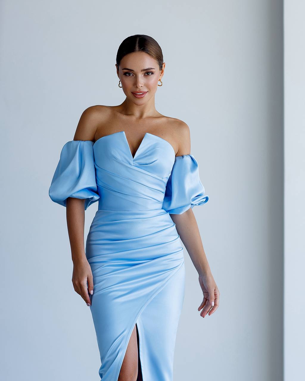 Elegant Royal Satin Midi Dress for Women with Puff Sleeves in Sky Blue
