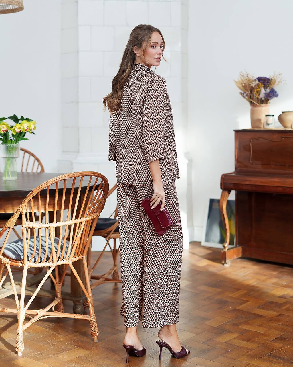 Womens Premium Printed Silk Suit Cropped Shirt and Trousers