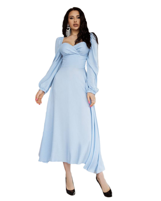 Elegant Light Blue Staple Fabric Midi Dress for Women