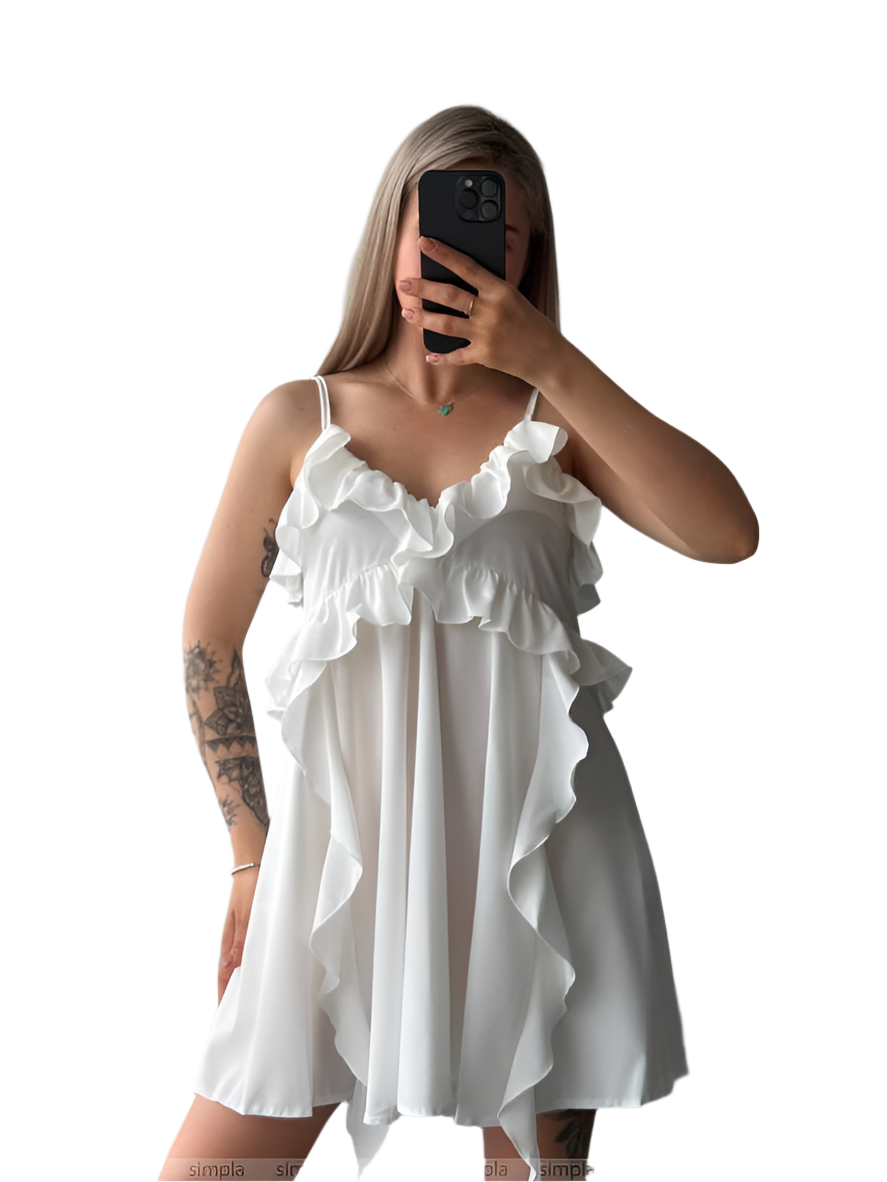 White Boho Ruffle Mini Dress with Adjustable Straps