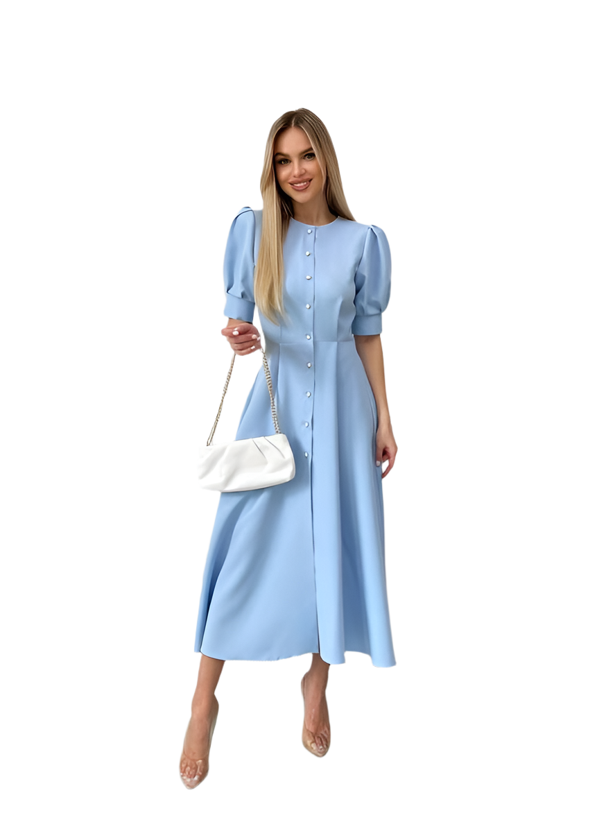 Elegant Light Blue Midi Dress with Button Front and Puff Sleeves