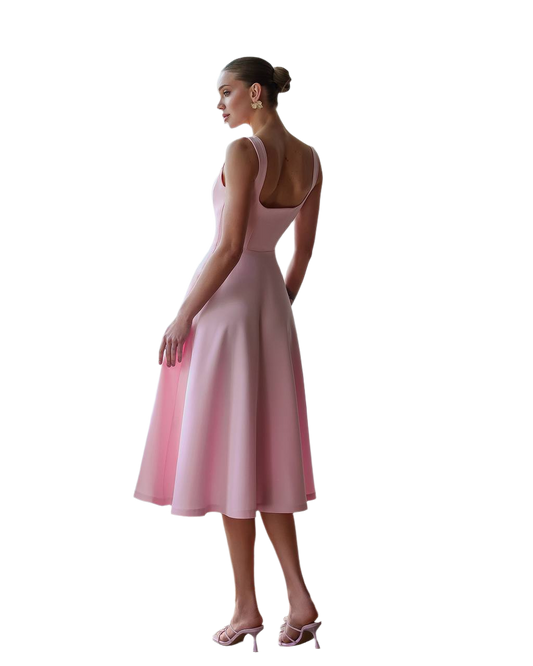 Woman wearing a pink dress on a white background