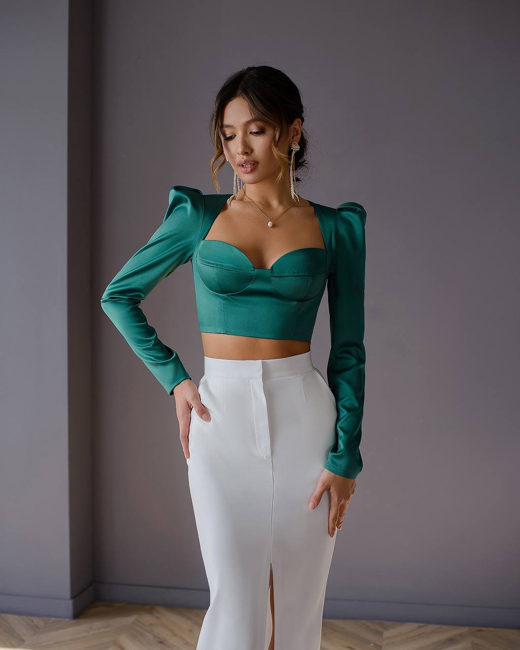 Women Satin Crop Blouse Top with Puff Sleeves