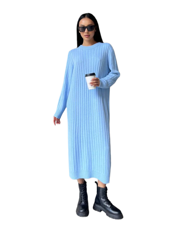 Seamless Knitted Long Women Dress Light Blue