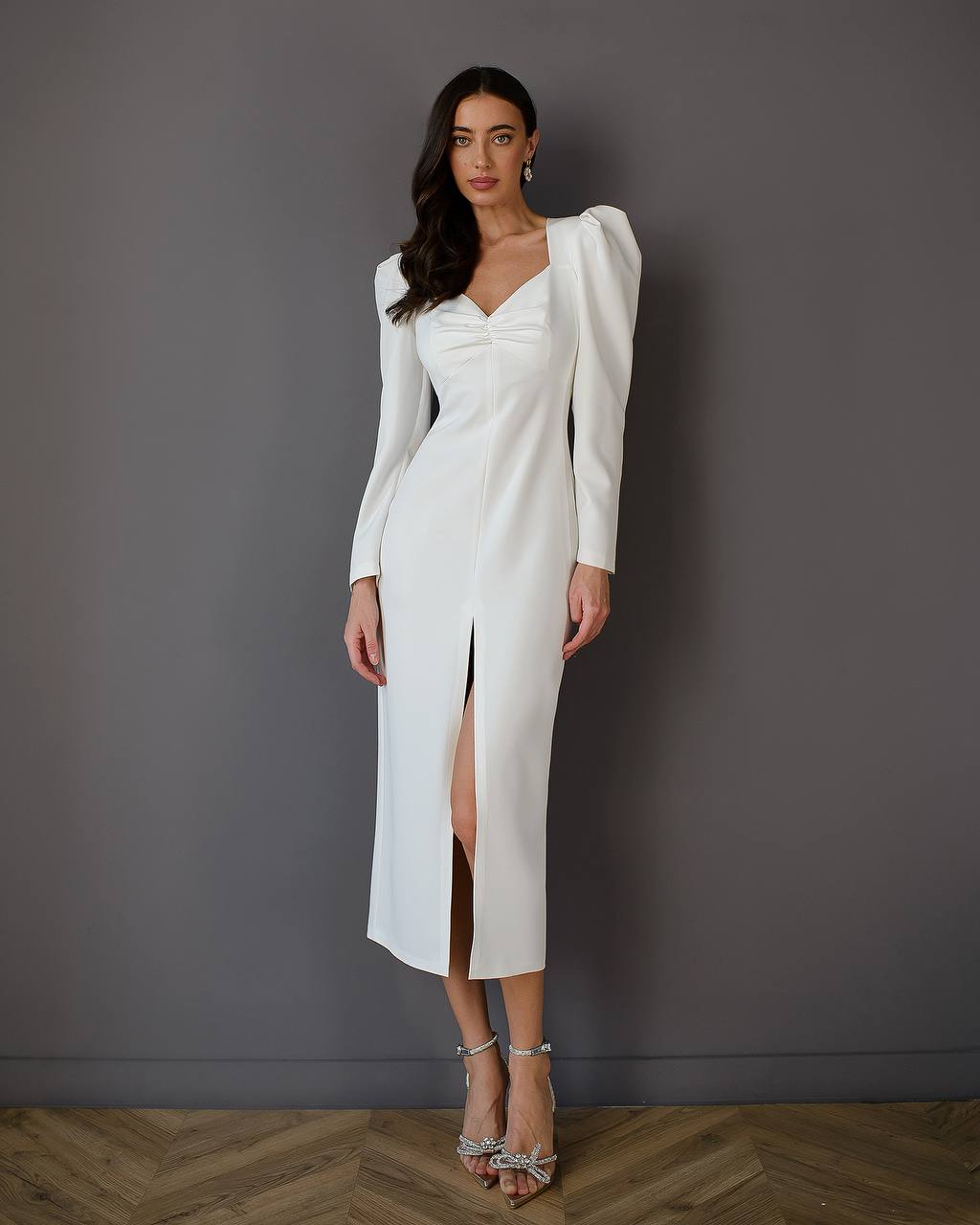 Elegant White Midi Dress Women Puff Sleeves Split Front Suit Crepe