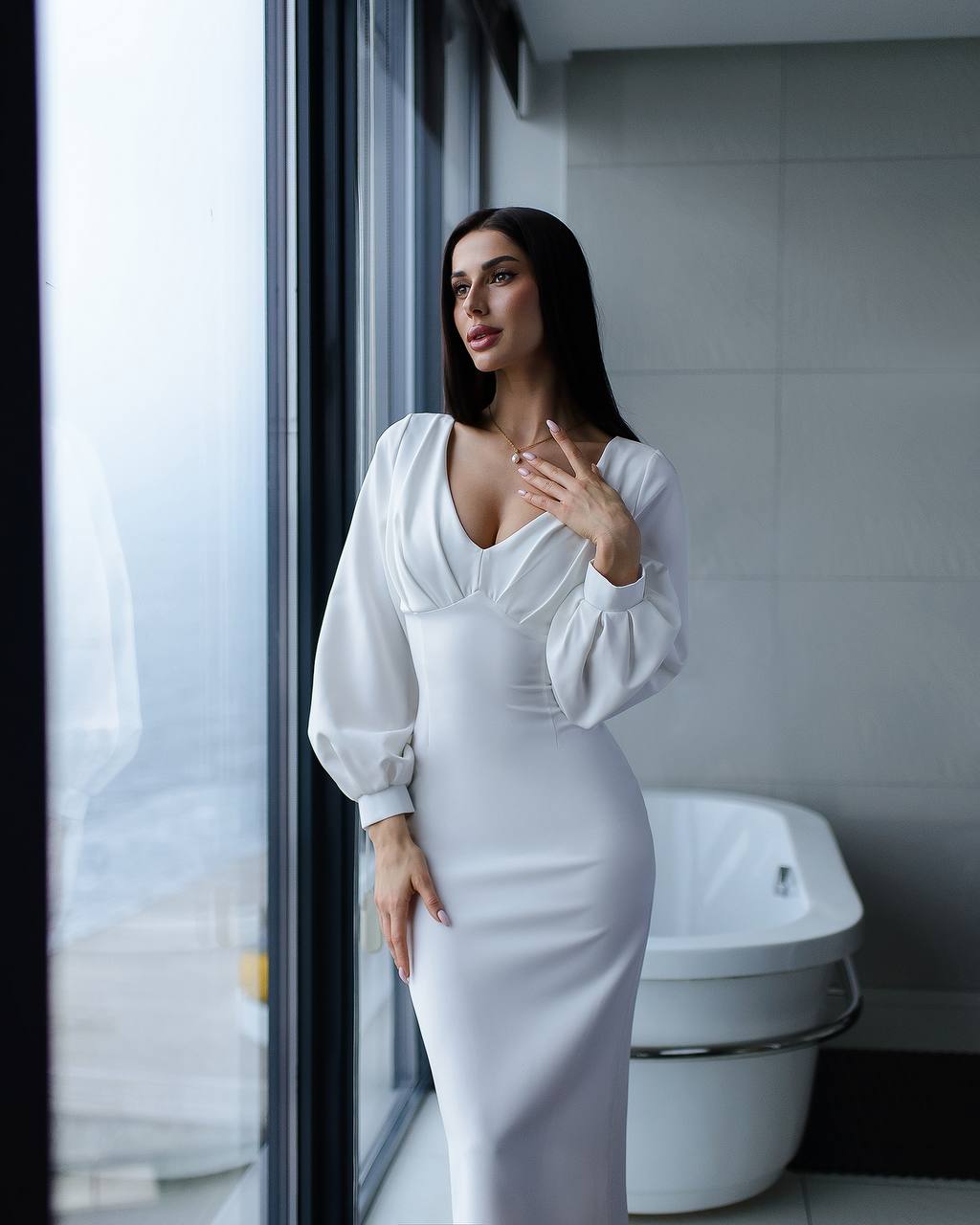 Elegant White Midi Dress for Women in Premium Suiting Crepe Fabric
