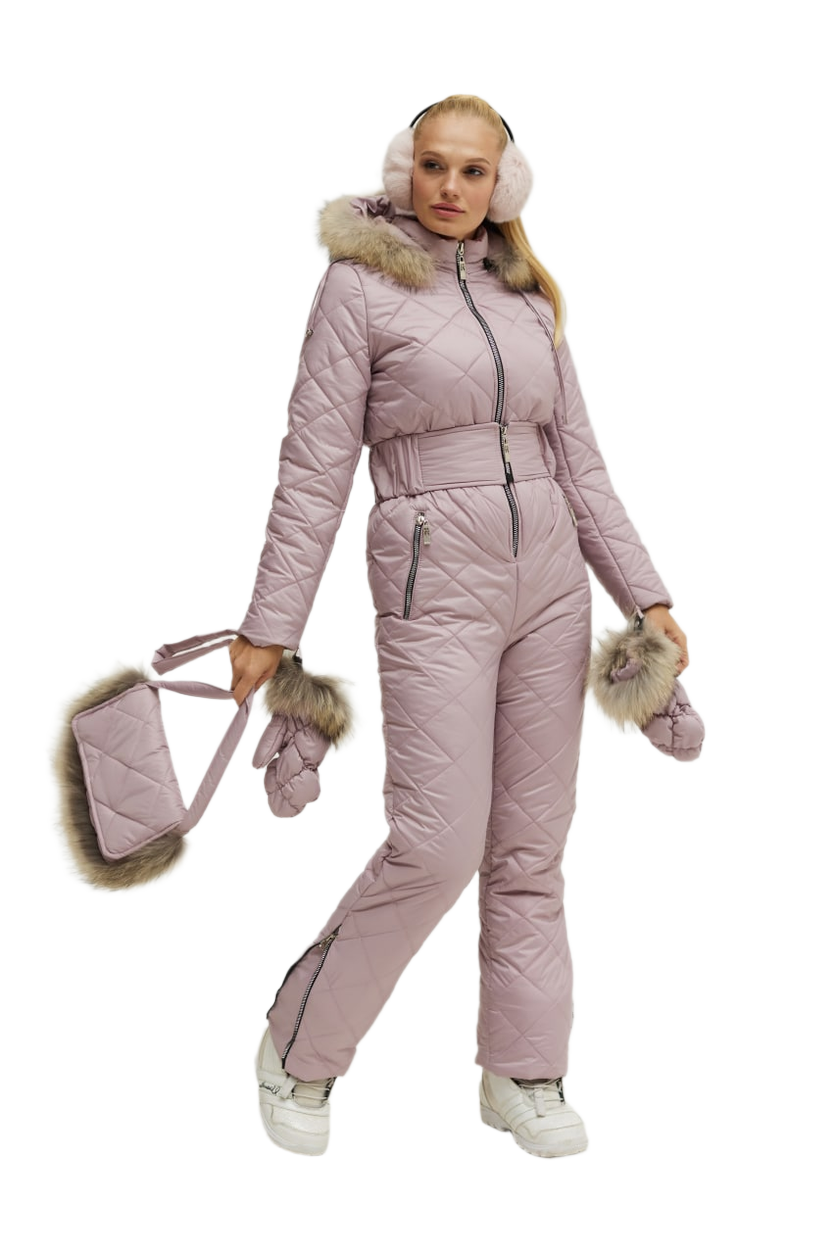 Women's Winter Ski Jumpsuit with Natural Raccoon Fur and Siliconized Insulation