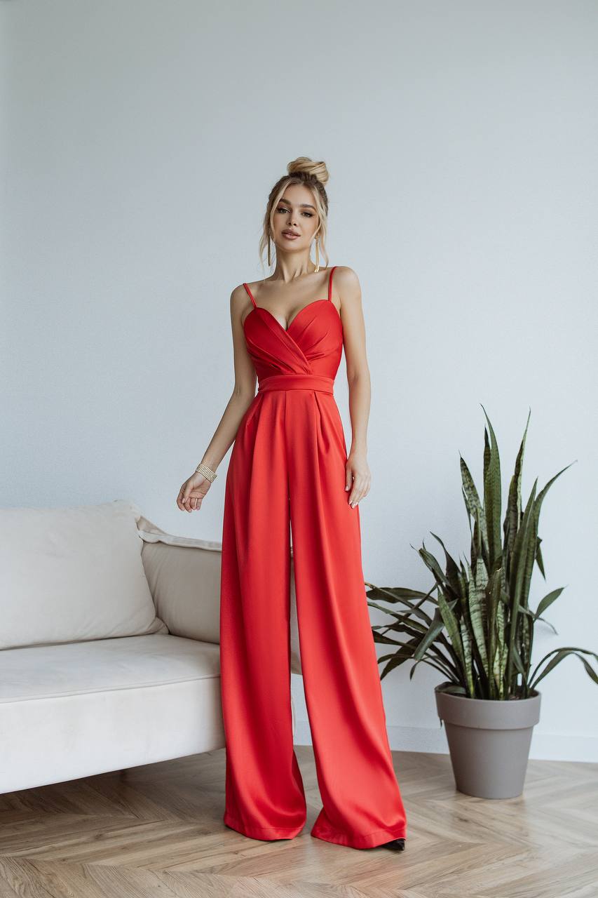 Women Jumpsuit Crystal in Mango Satin with Wide Legs and Spaghetti Straps