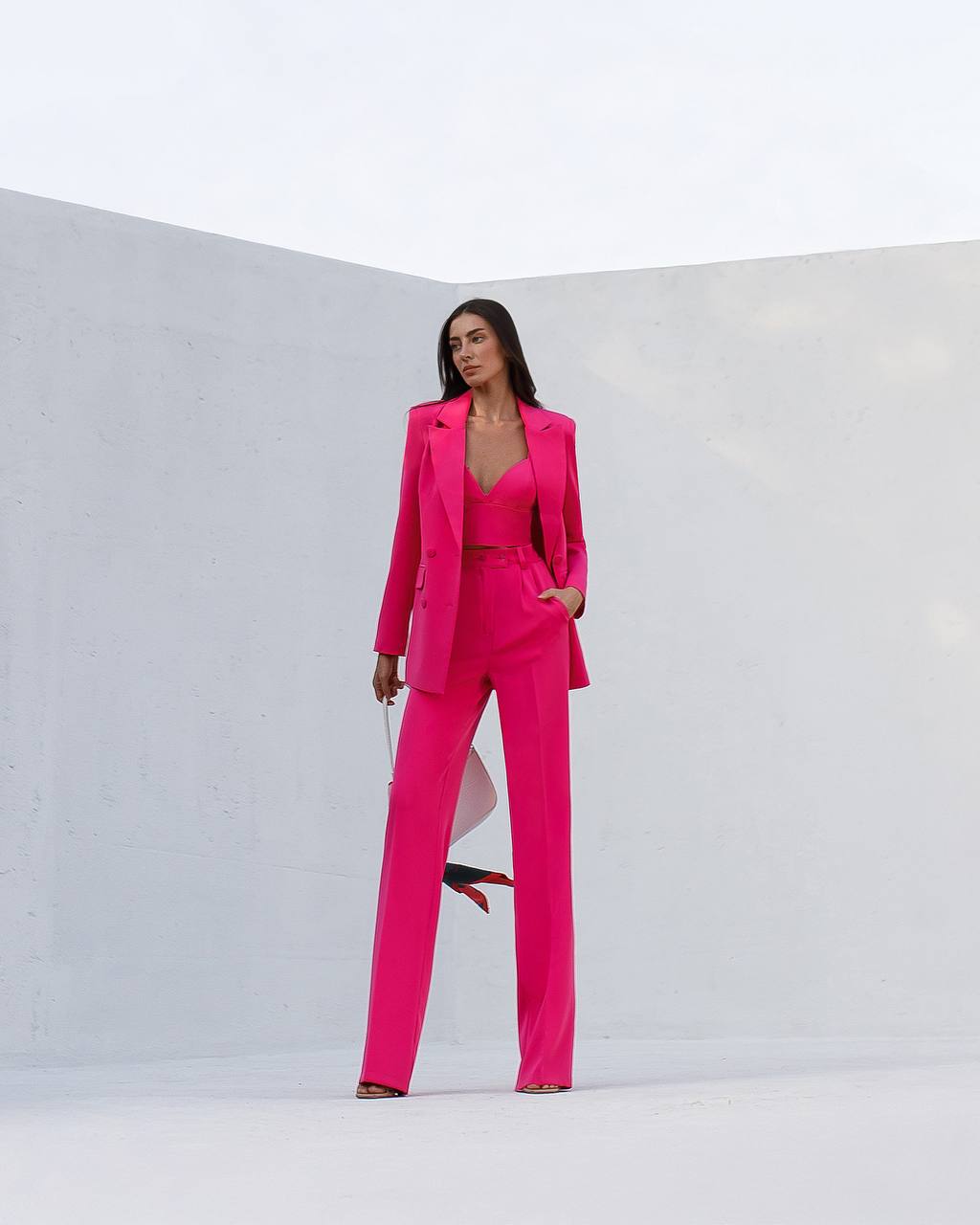 Prom Bridal Wedding Cocktail Graduation Pink Three-Piece Women Suit Jacket Top Trousers Pantsuit Palazzo Pants