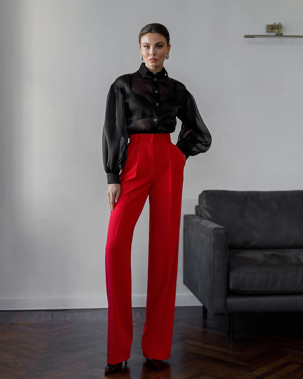 Women's High Waist Wide Leg Trousers in Suiting Crepe Diagonal Fabric