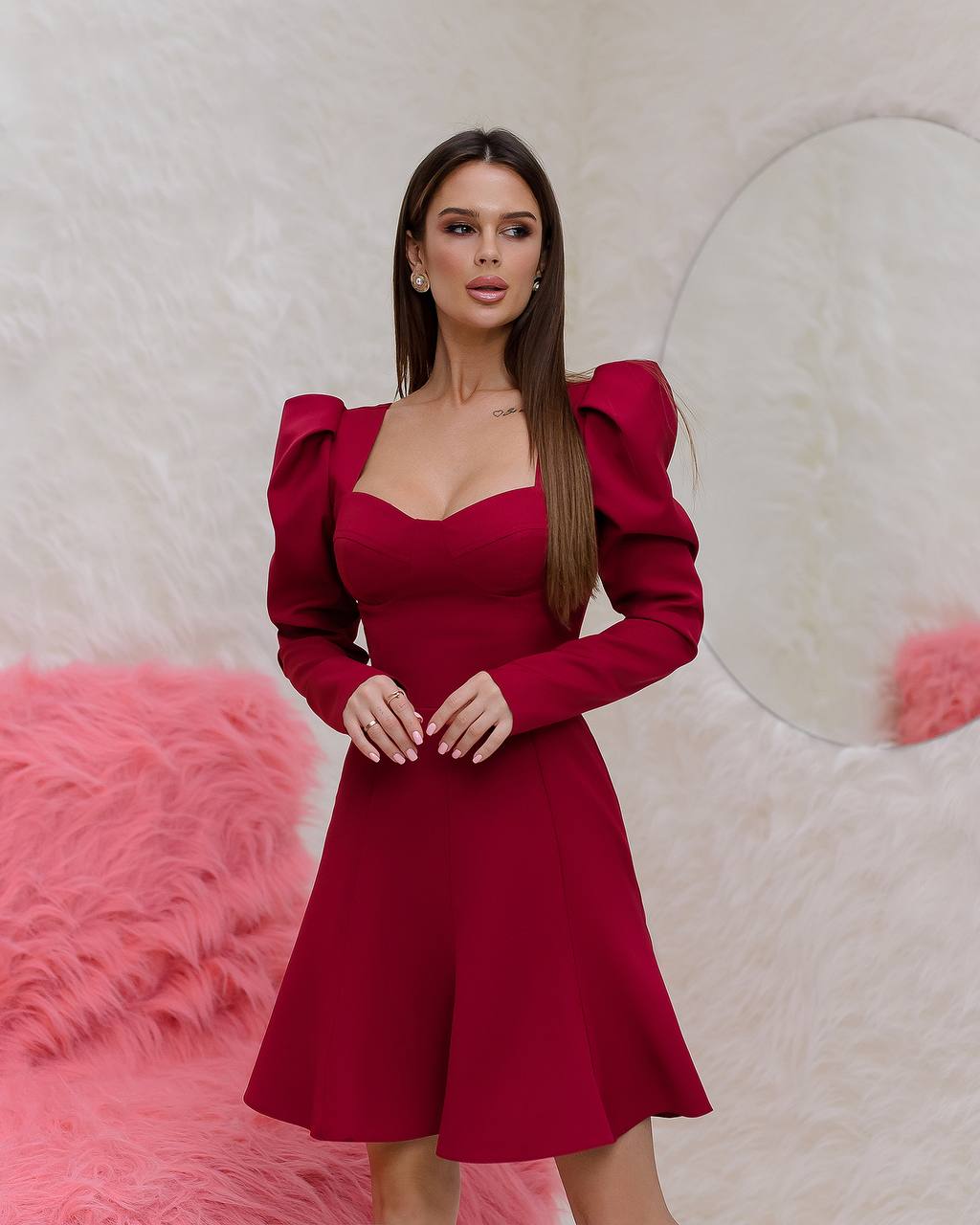 Elegant Burgundy Diagonal Suiting Crepe Dress for Women