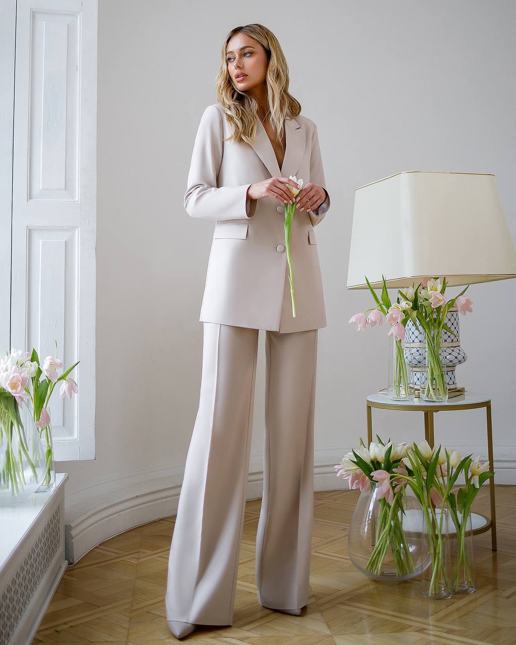 Womens Polished Tiar Lux Fabric Suit Beige Jacket and Pants