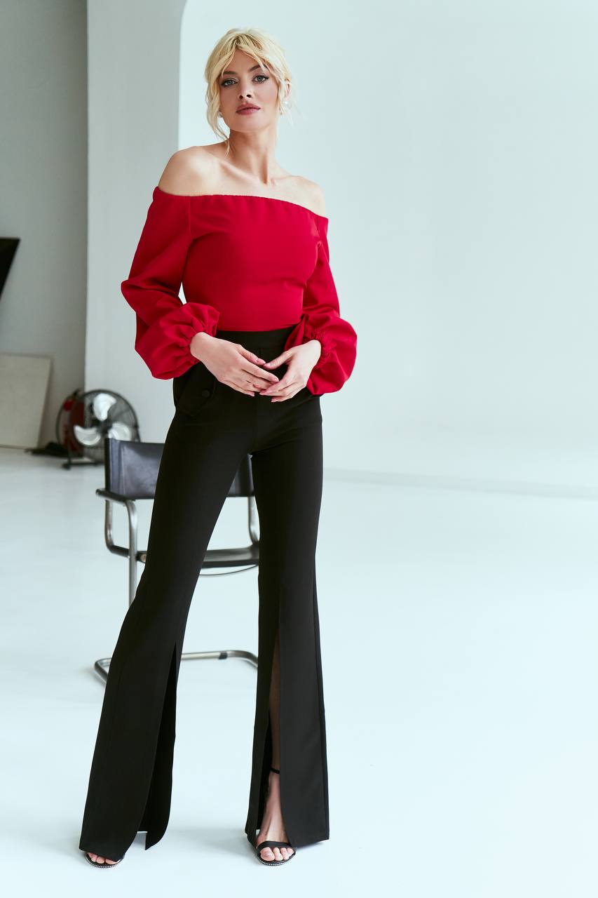 Womens Black Trousers With Front Slits Suit Crepe Diagonal Lux