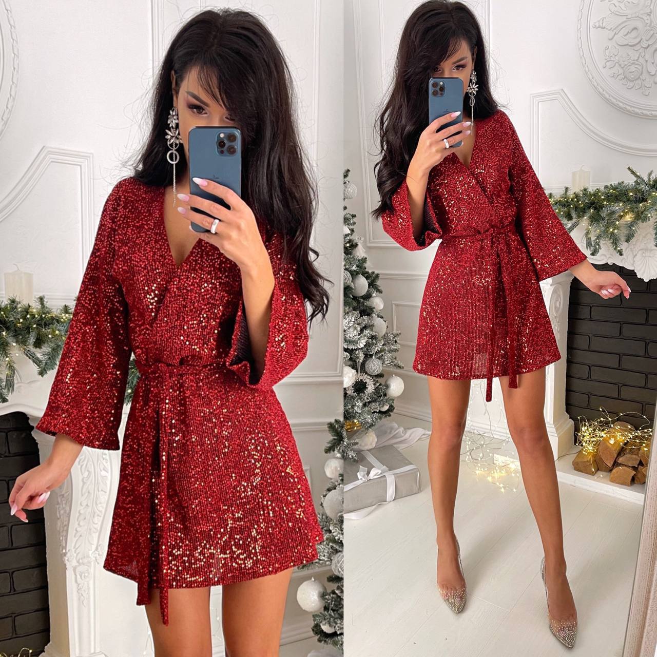 Woman wearing a red sequin dress in a festive indoor setting.