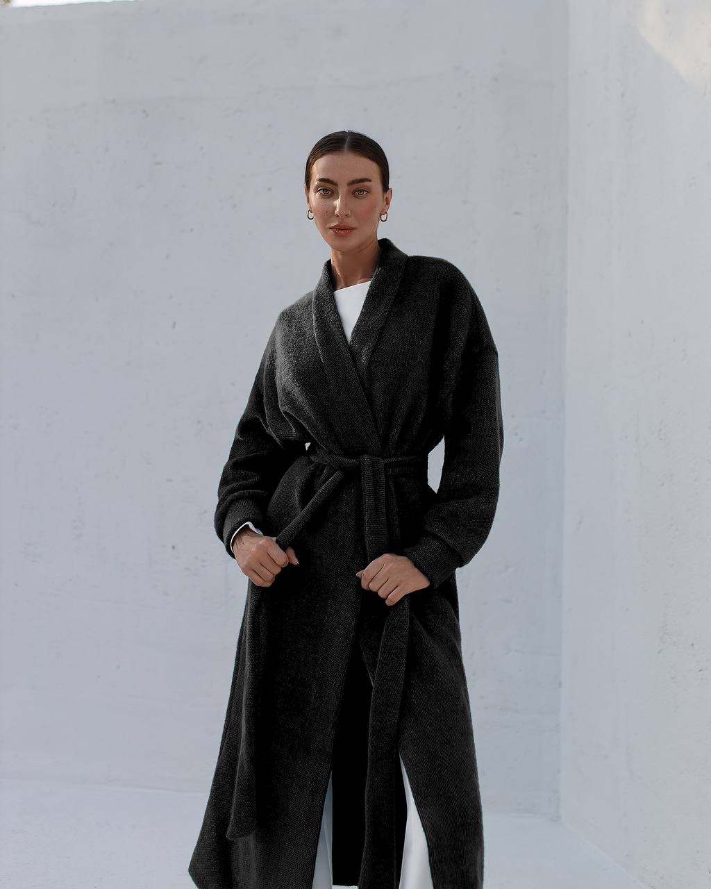 Silva Fluffy Black Long Cardigan with Belt for Women