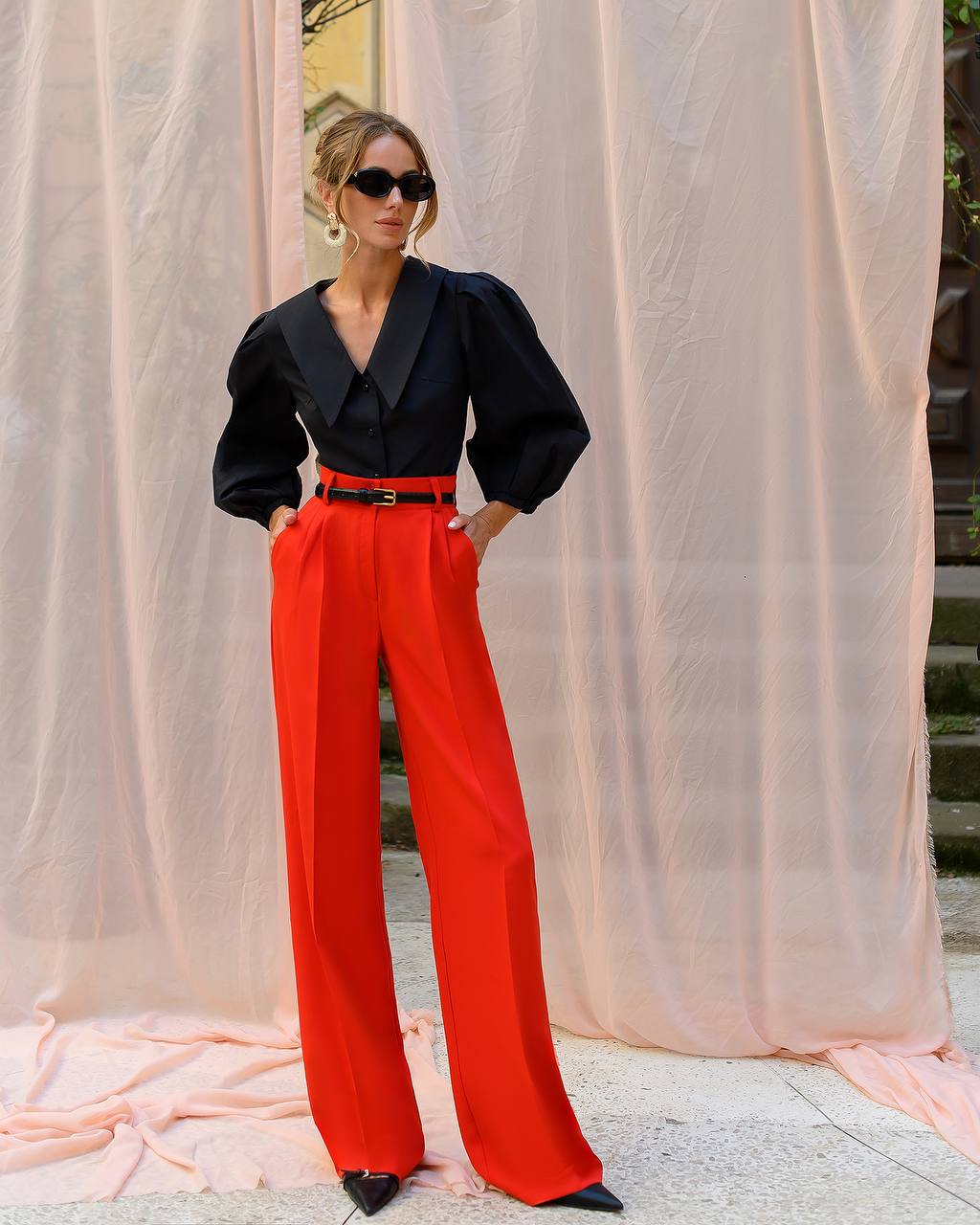 Women's High Waist Wide Leg Trousers in Suiting Crepe Diagonal Fabric
