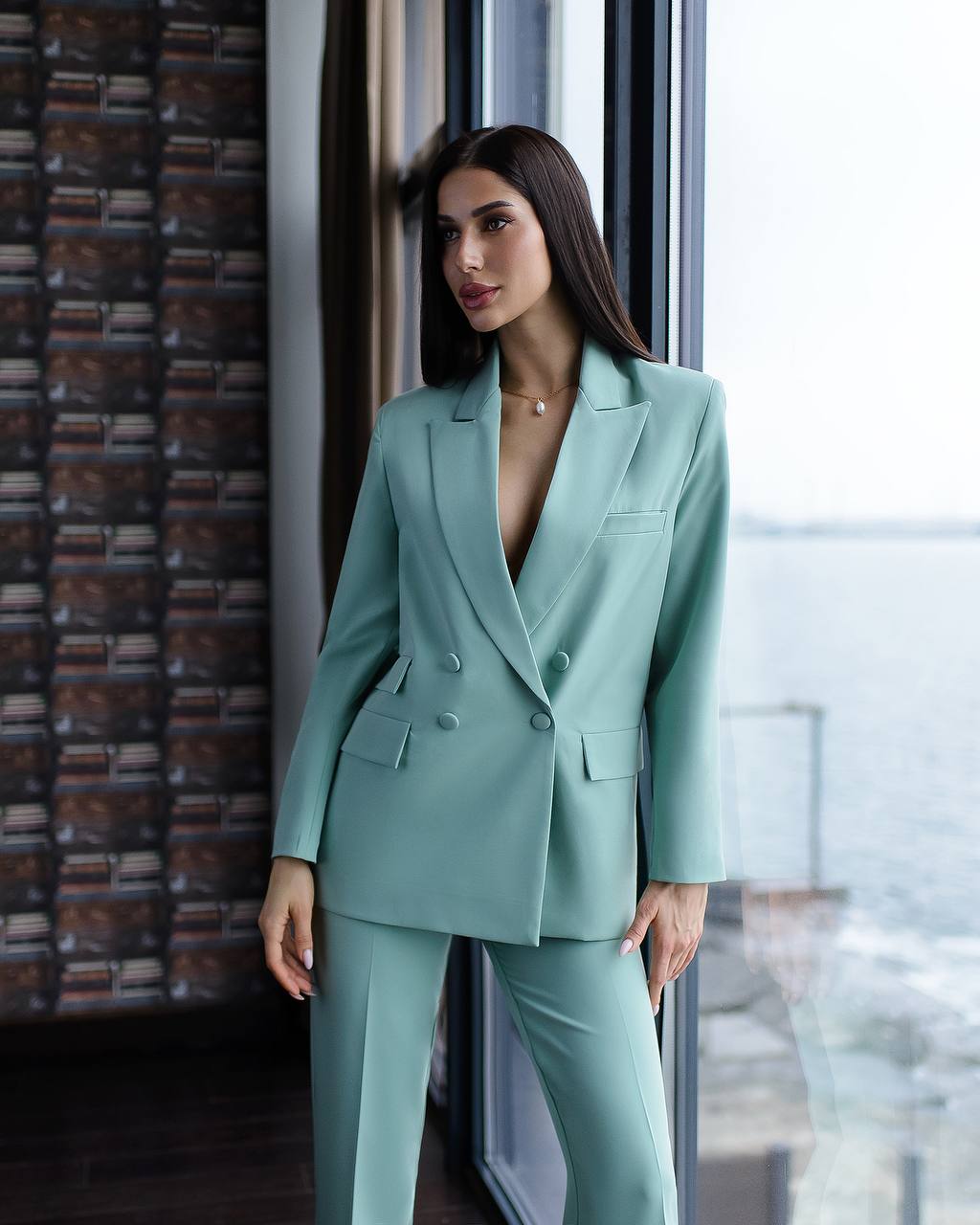 Luxury Diagonal Suiting Crepe Women's Suit in Blue