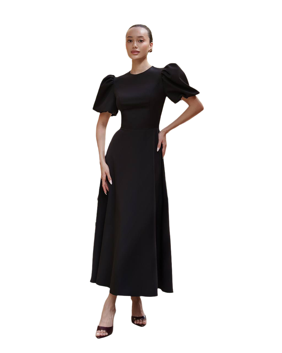 Elegant Women Midi Dress Premium Diagonal Suit Crepe Puff Sleeves