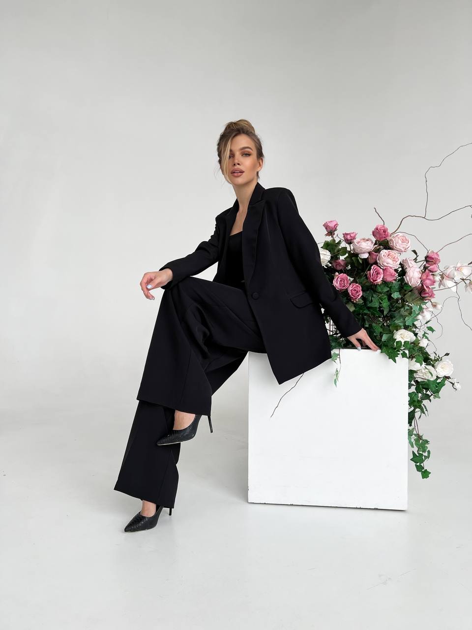 Black Palazzo Suit for Women Diagonal Crepe Tailored Wide Leg Pantsuit