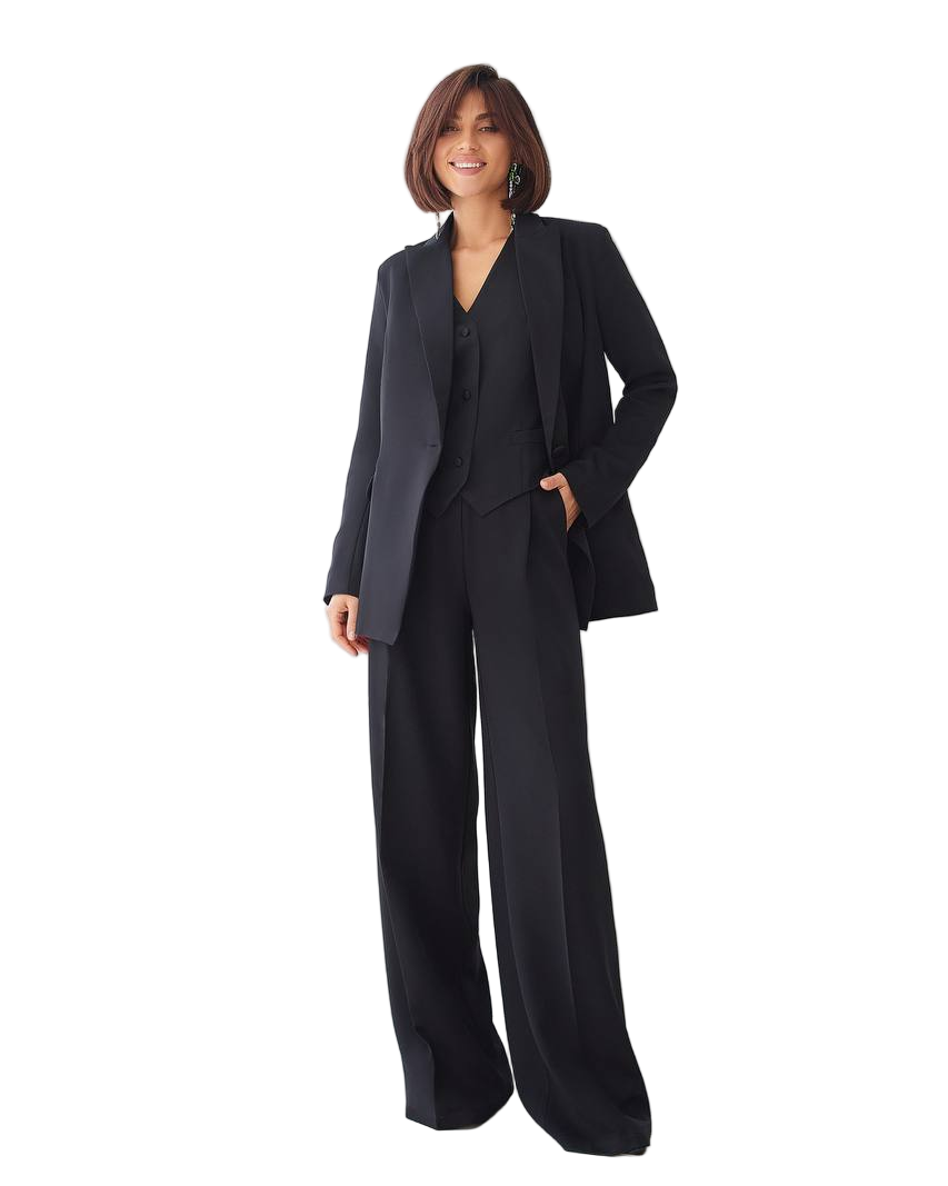 Black Women's Three Piece Suit Diagonal Crepe Lined Vest Jacket Trousers