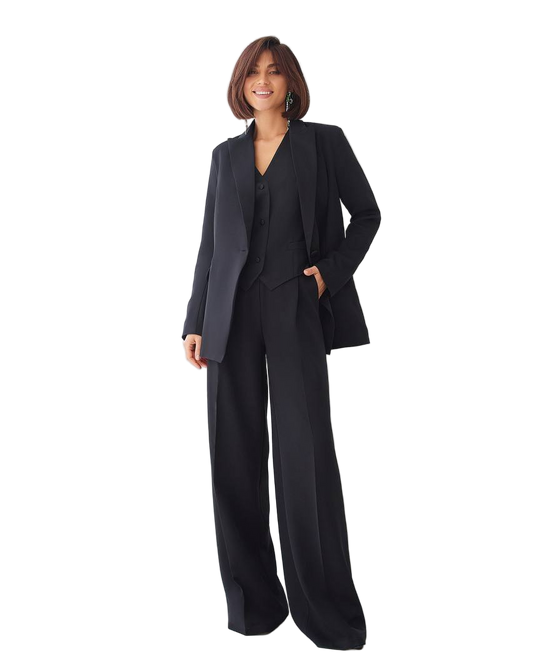 Black Women's Three Piece Suit Diagonal Crepe Lined Vest Jacket Trousers