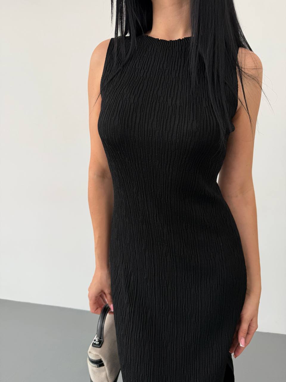 Greta Black Sleeveless Midi Dress with Side Slit for Women