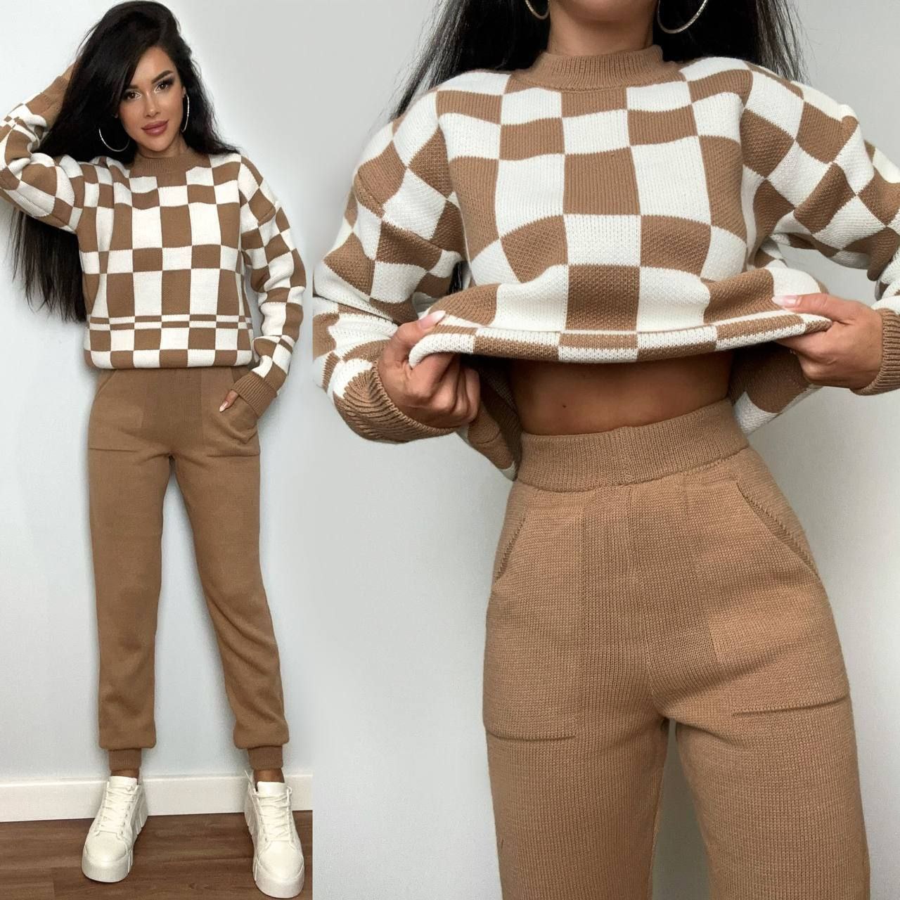 Two people wearing a brown and white checkered sweater and matching pants against a plain background.