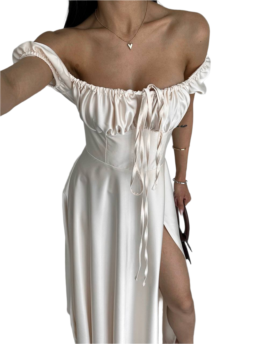 White off-shoulder dress with a heart-shaped cutout on a white background