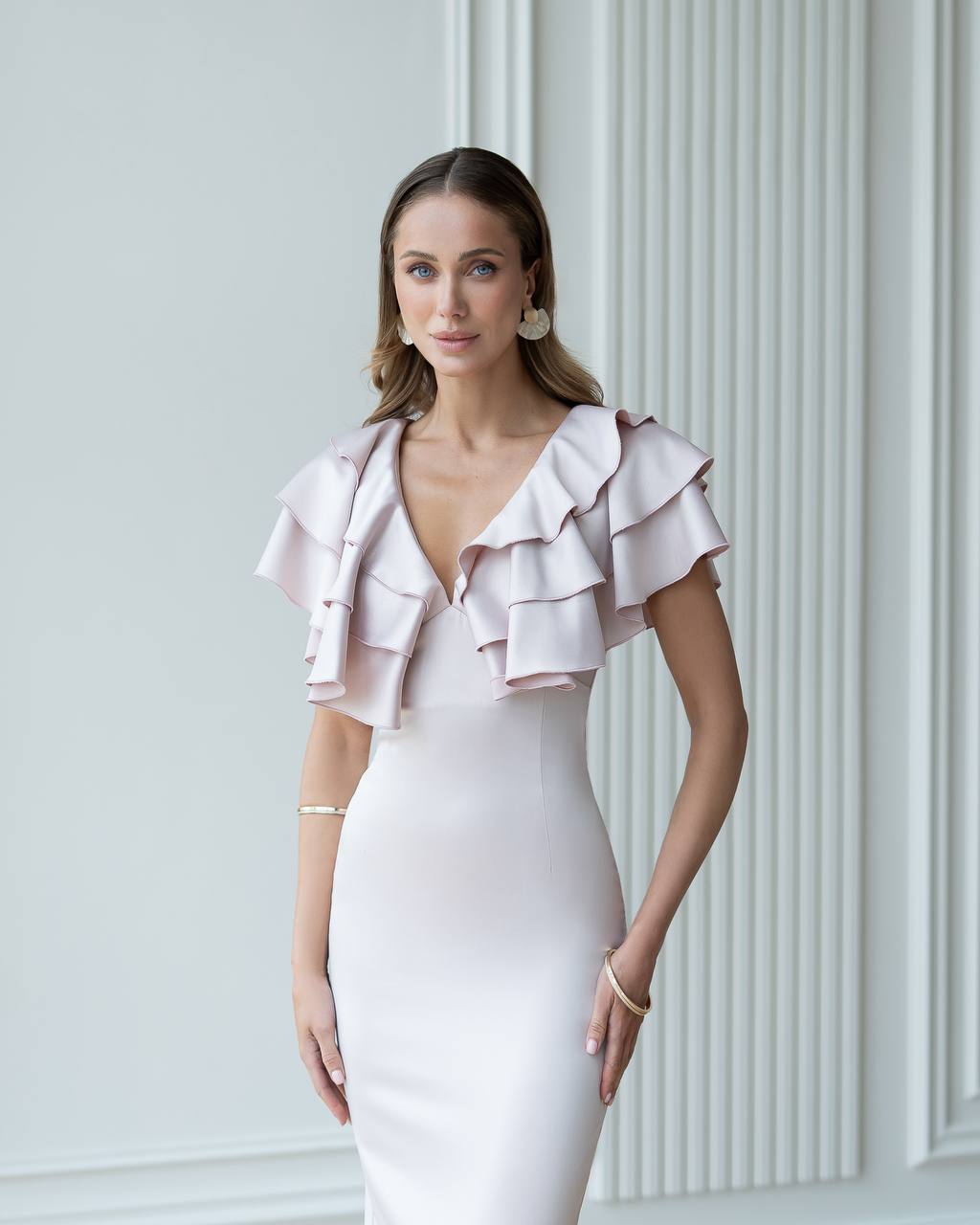 Elegant Midi Dress in Premium Mango Satin with Ruffle Details