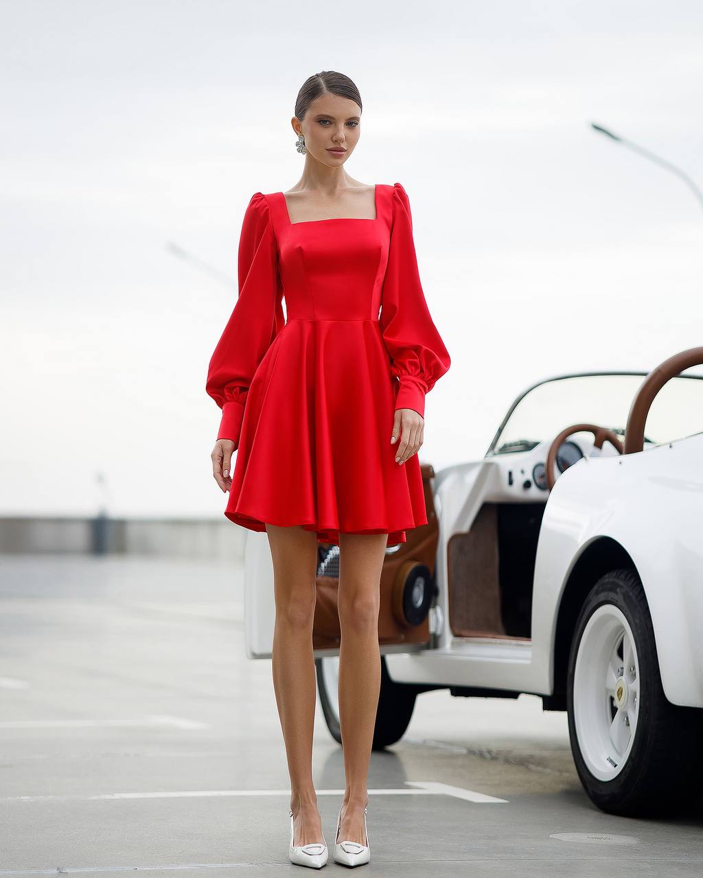 Royal Mango Satin Mini Dress with Puff Sleeves for Women