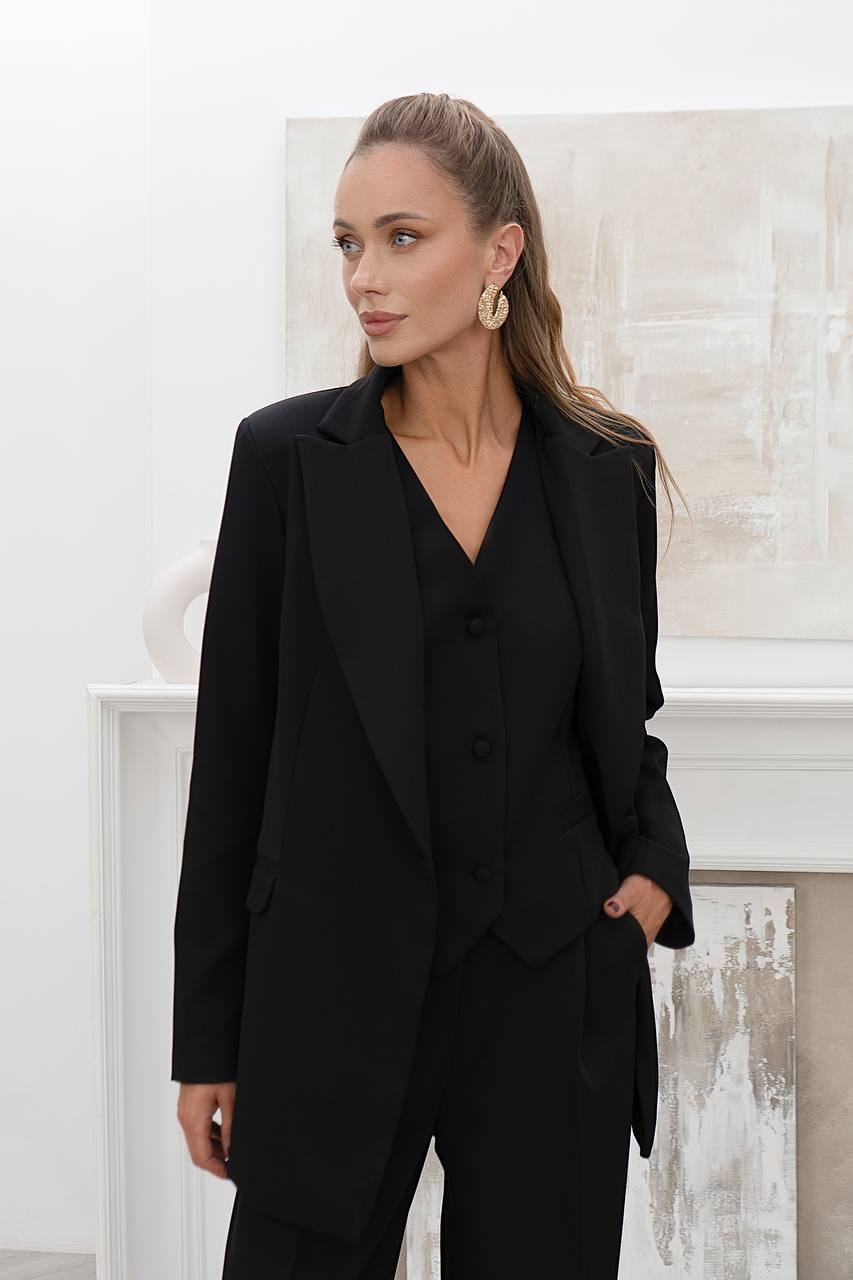 Black Women's Three Piece Suit Diagonal Crepe Lined Vest Jacket Trousers