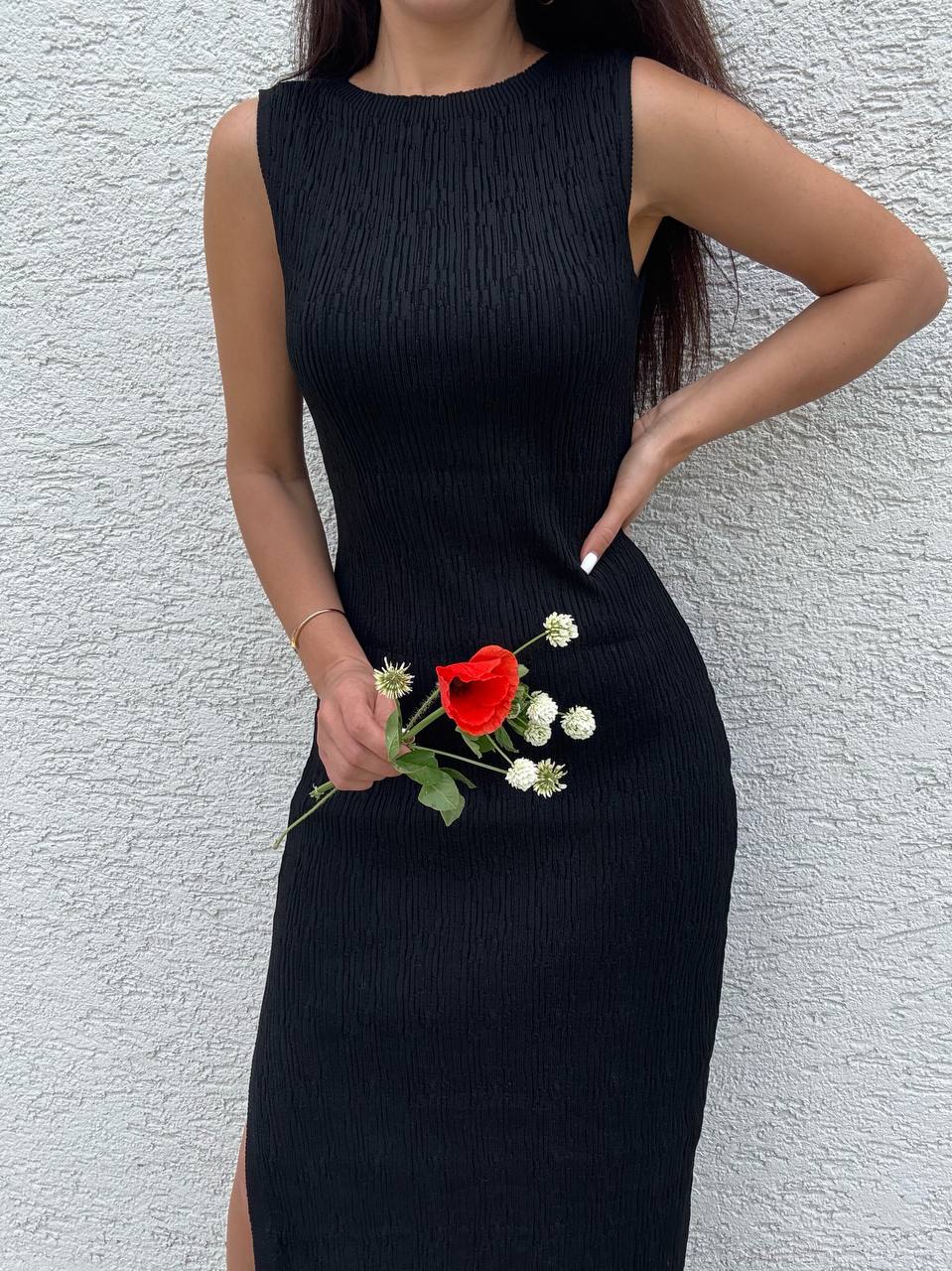 Greta Black Sleeveless Midi Dress with Side Slit for Women