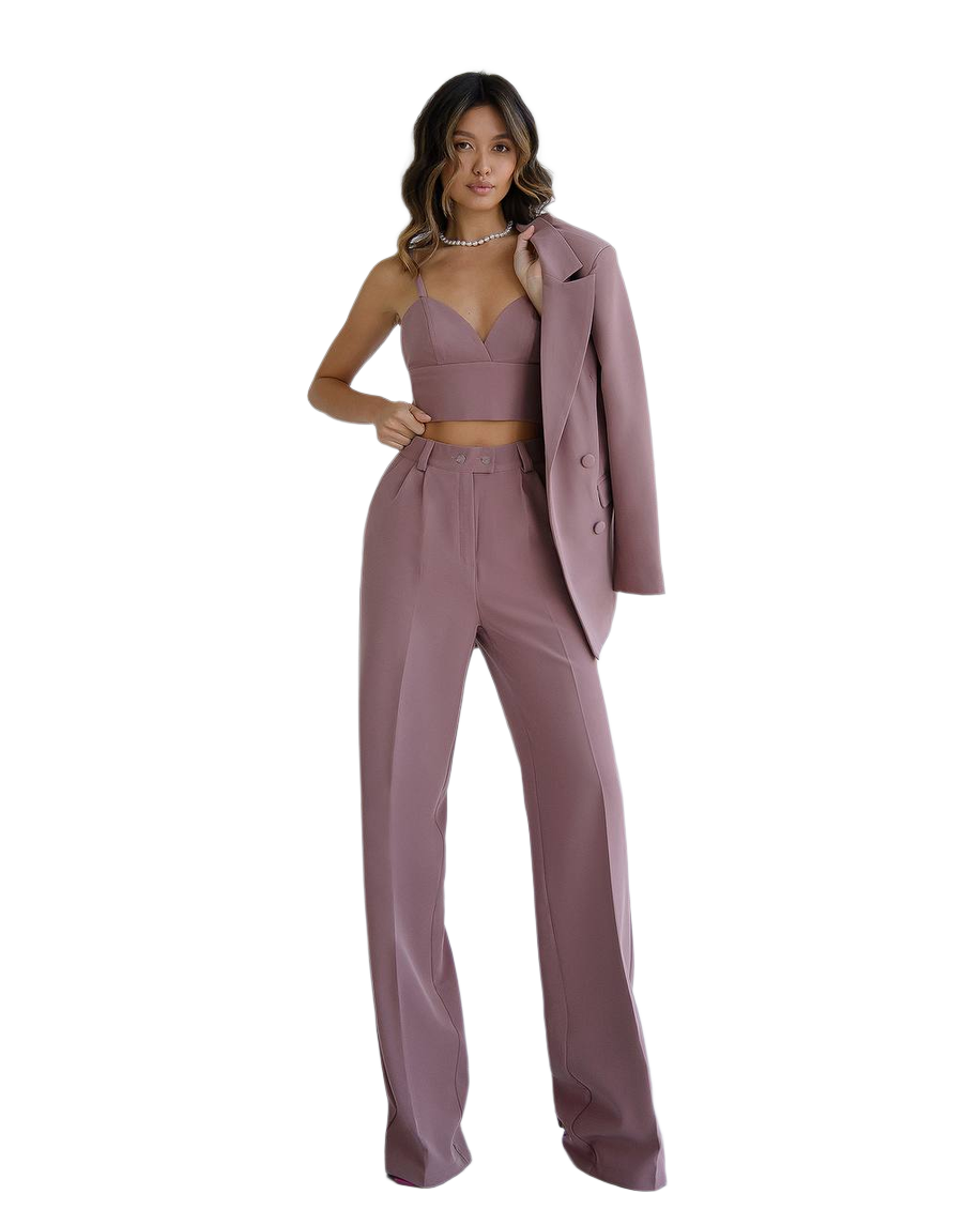 Brown Prom Bridal Wedding Cocktail Graduation Three-Piece Women's Suit Jacket Top Trousers Pantsuit Palazzo Pants