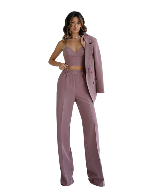 Brown Prom Bridal Wedding Cocktail Graduation Three-Piece Women's Suit Jacket Top Trousers Pantsuit Palazzo Pants