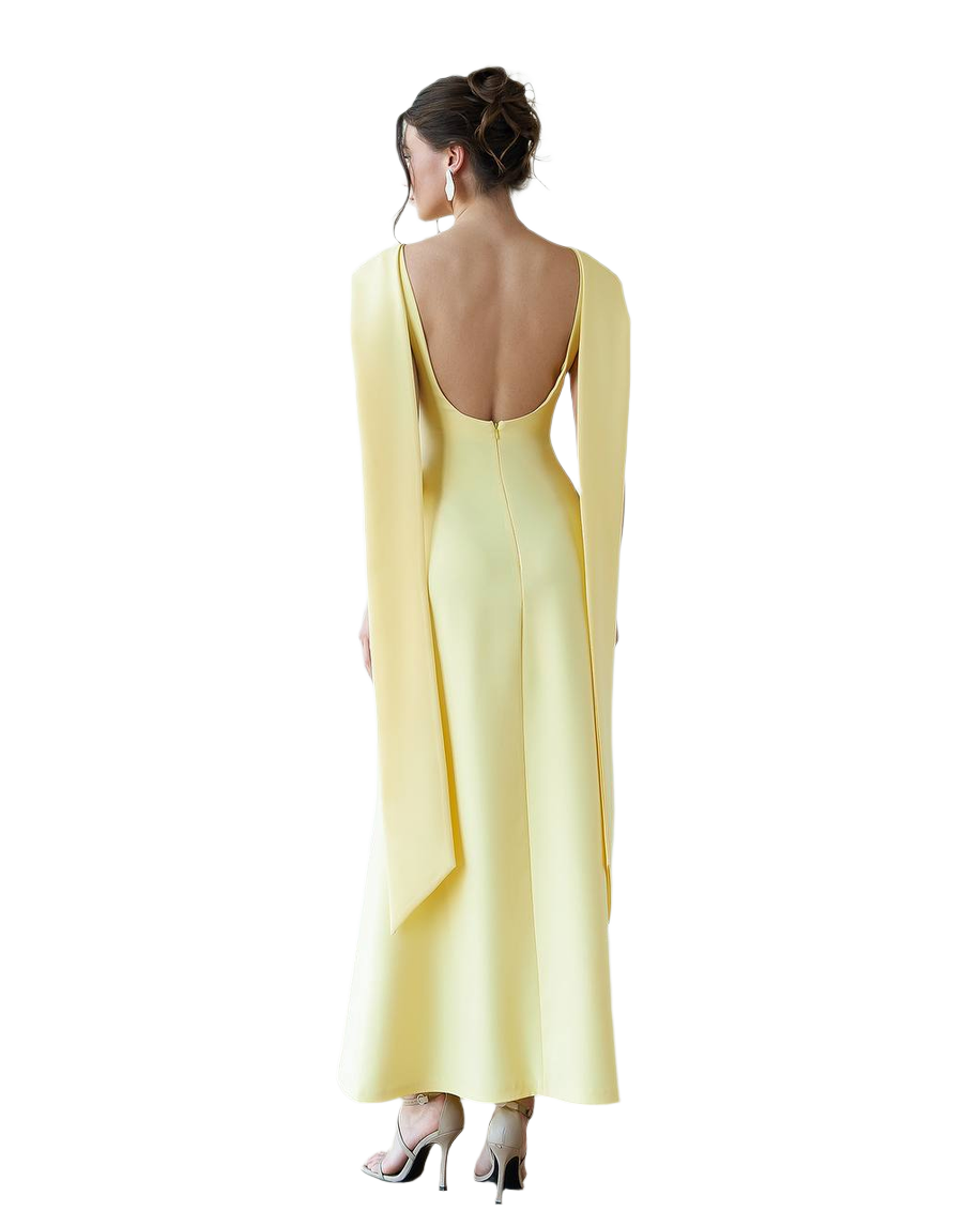 Elegant Premium Diagonal Crepe Long Yellow Dress for Women