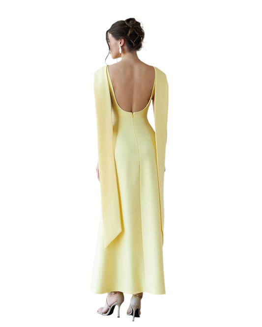 Elegant Premium Diagonal Crepe Long Yellow Dress for Women