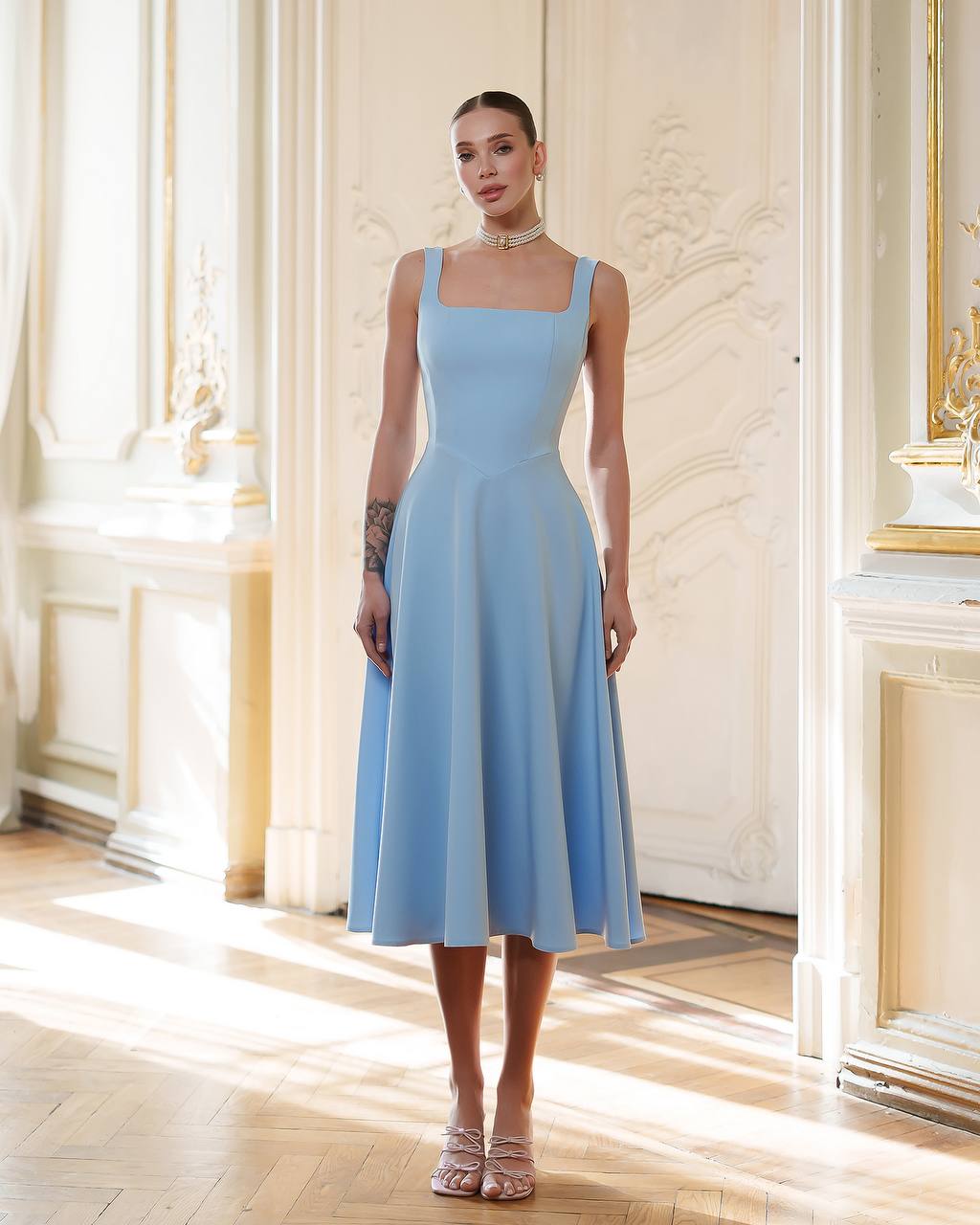 Elegant Blue Midi Dress in Premium Suit Crepe-Diagonal Fabric