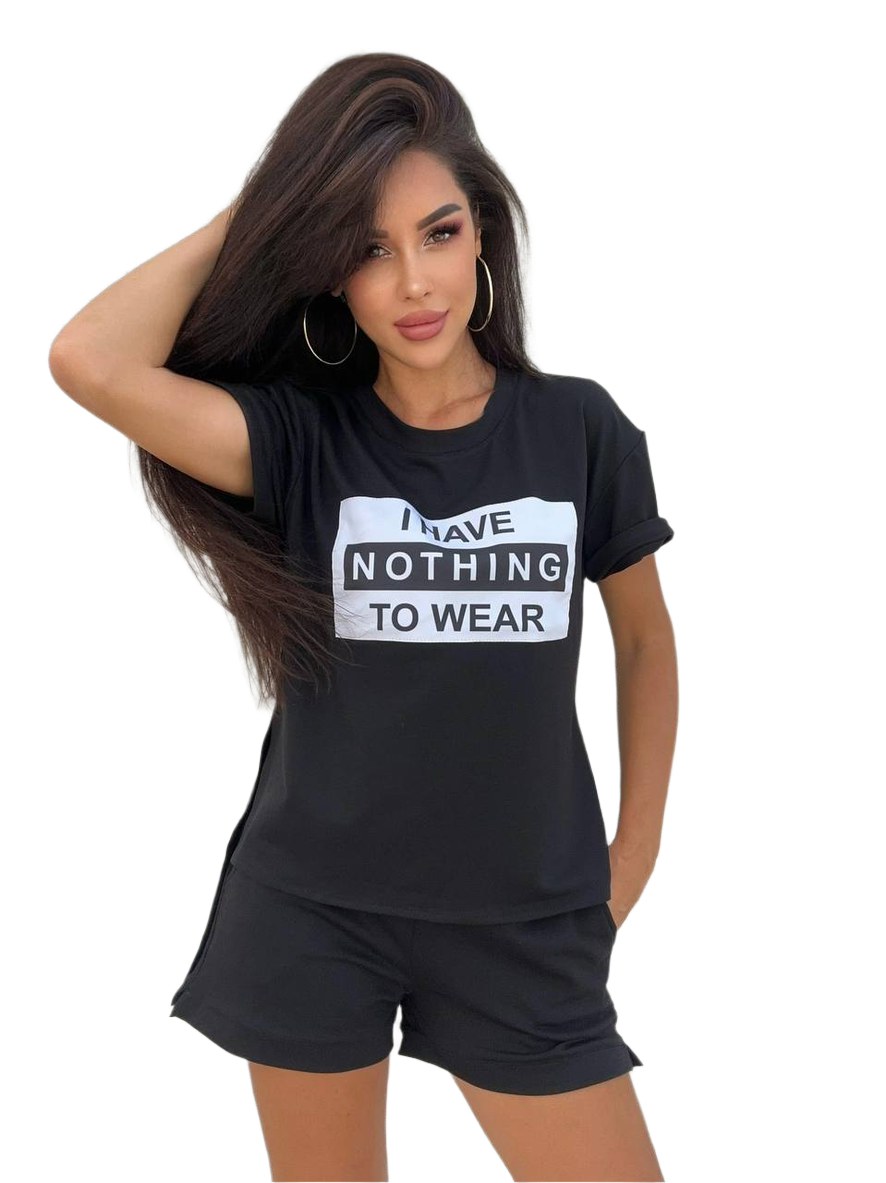 Woman wearing a black t-shirt with 'I Have Nothing to Wear' text on a white background