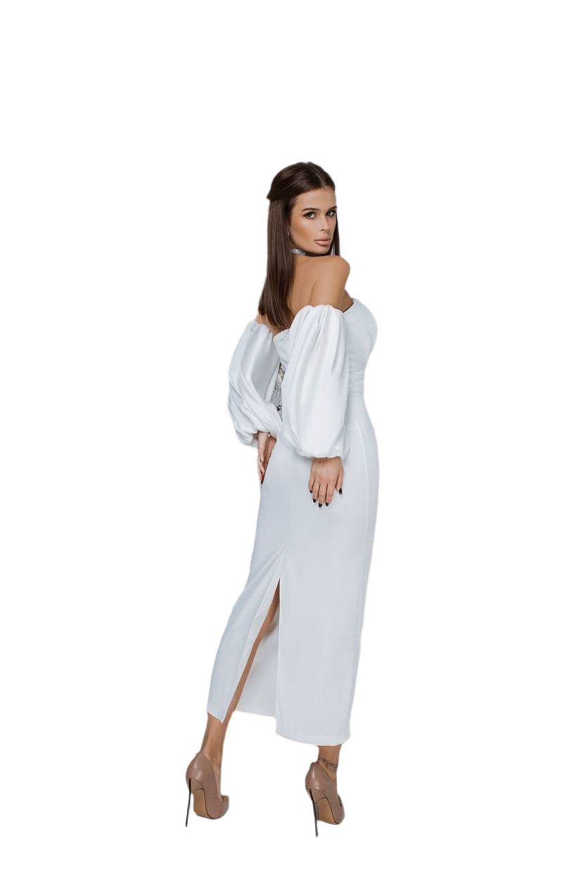 Woman wearing a white off-shoulder dress on a white background