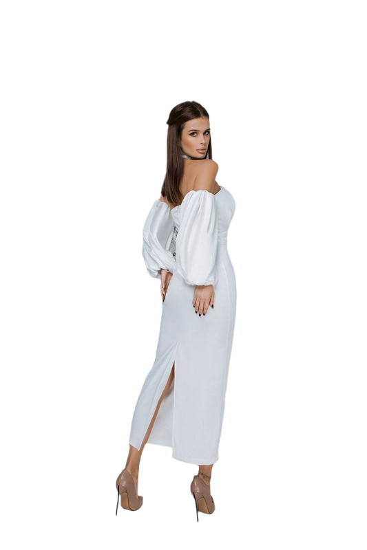 Woman wearing a white off-shoulder dress on a white background