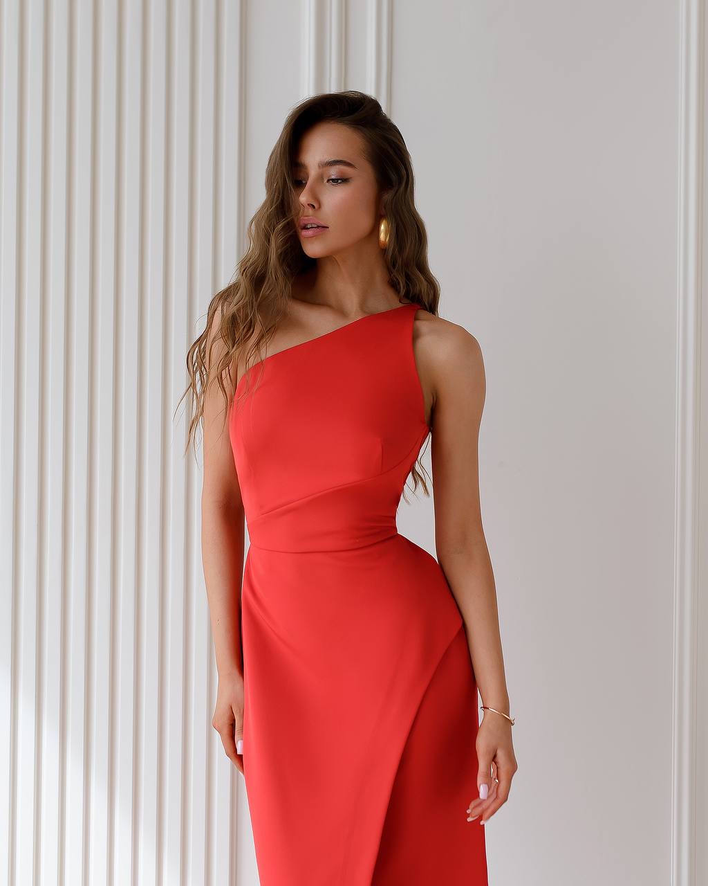 One Shoulder Red Midi Dress with Side Slit