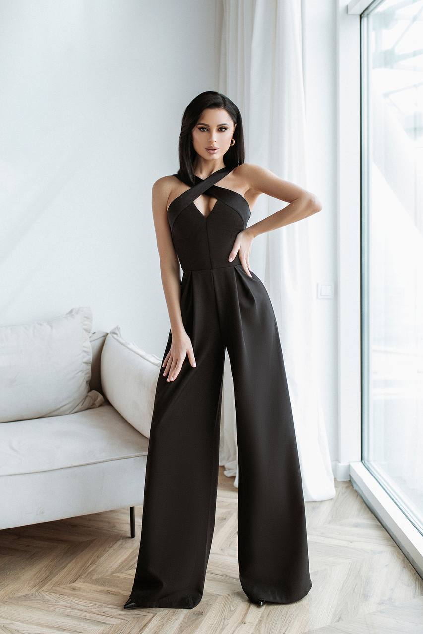 Electra Black Jumpsuit for Women with Satin Details