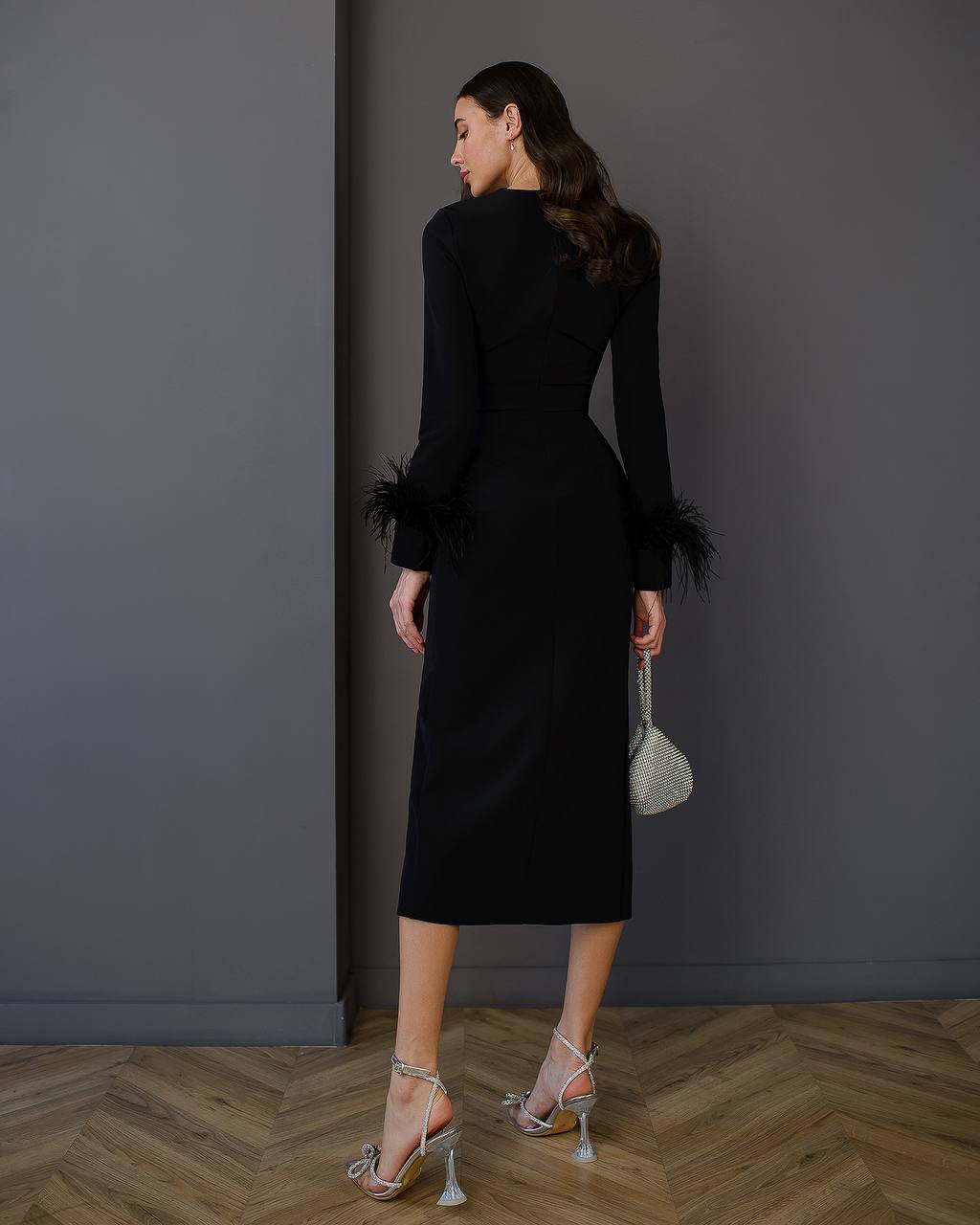 Women Midi Dress Premium Crepe-Diagonal Feather Accents in Black Red Milk-White Blue