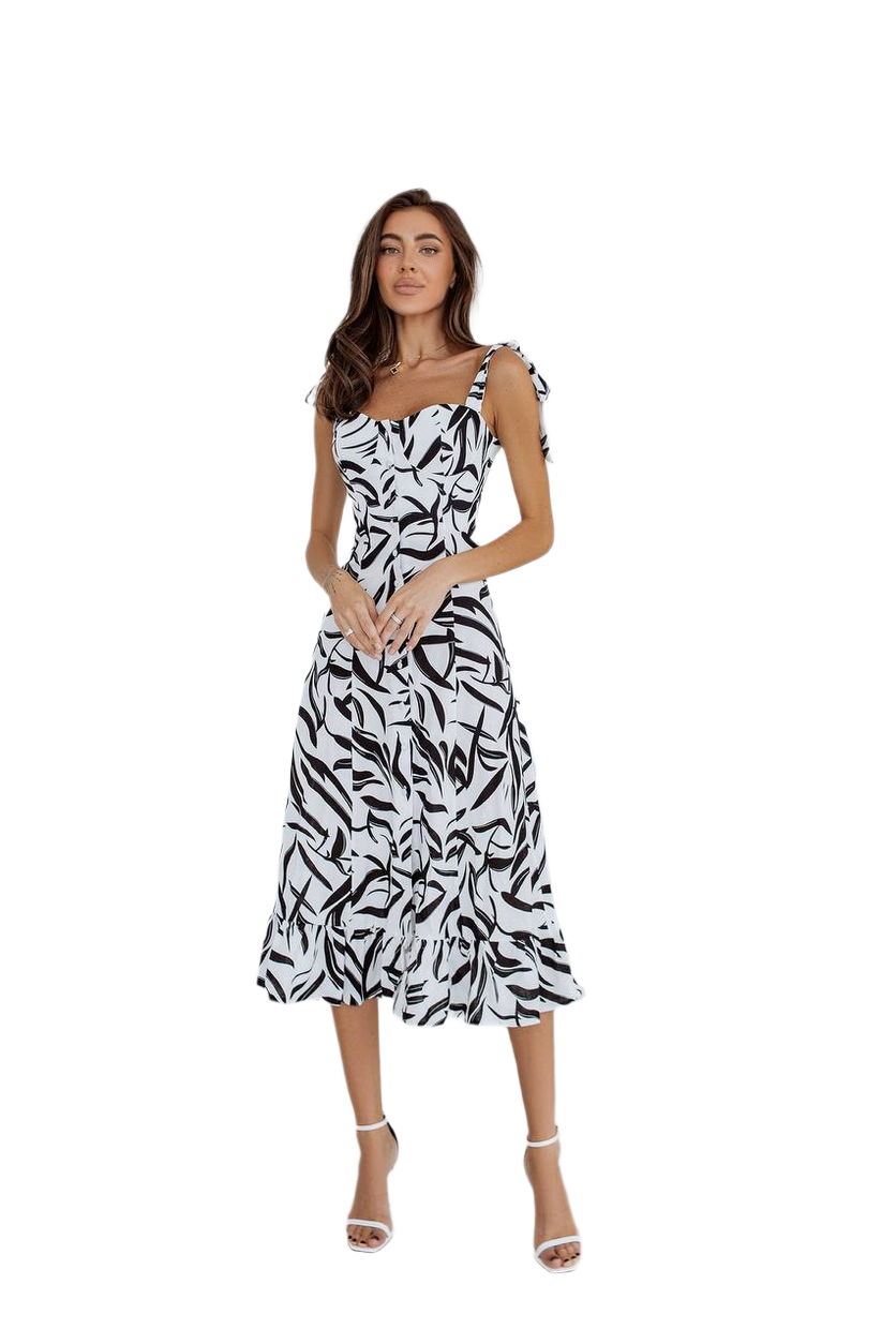 Natural Linen Sundress for Women with Black and White Print