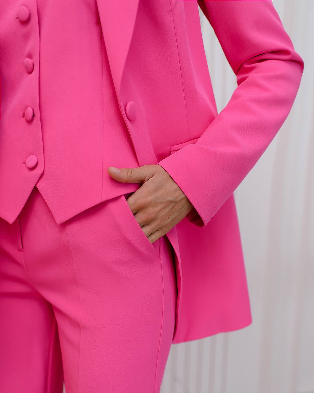 Womens Three Piece Suit with Vest in Vibrant Pink Diagonal Crepe