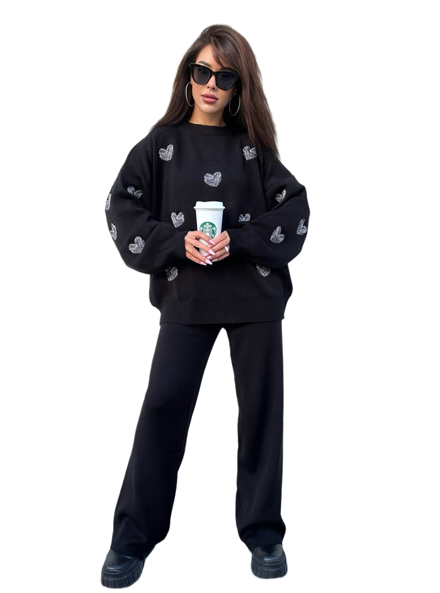 Womens Black Knit Suit with Embroidered Heart Patterns