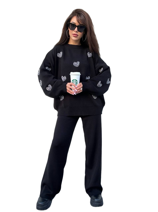 Womens Black Knit Suit with Embroidered Heart Patterns