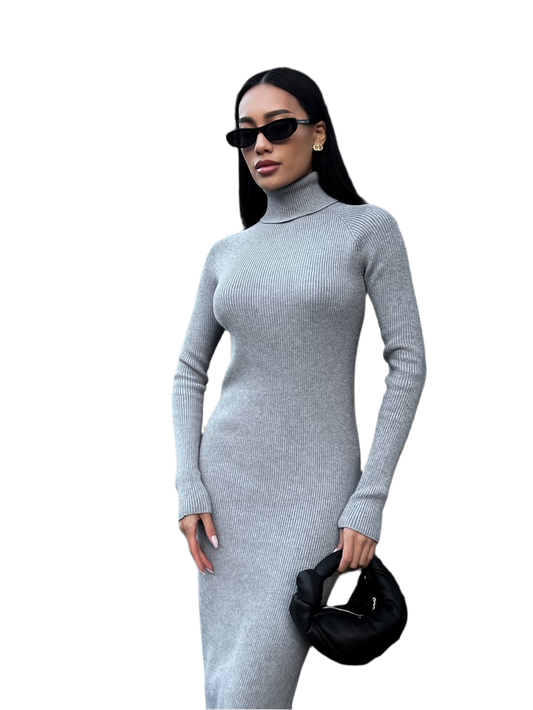 Woman wearing a gray long-sleeve dress on a white background