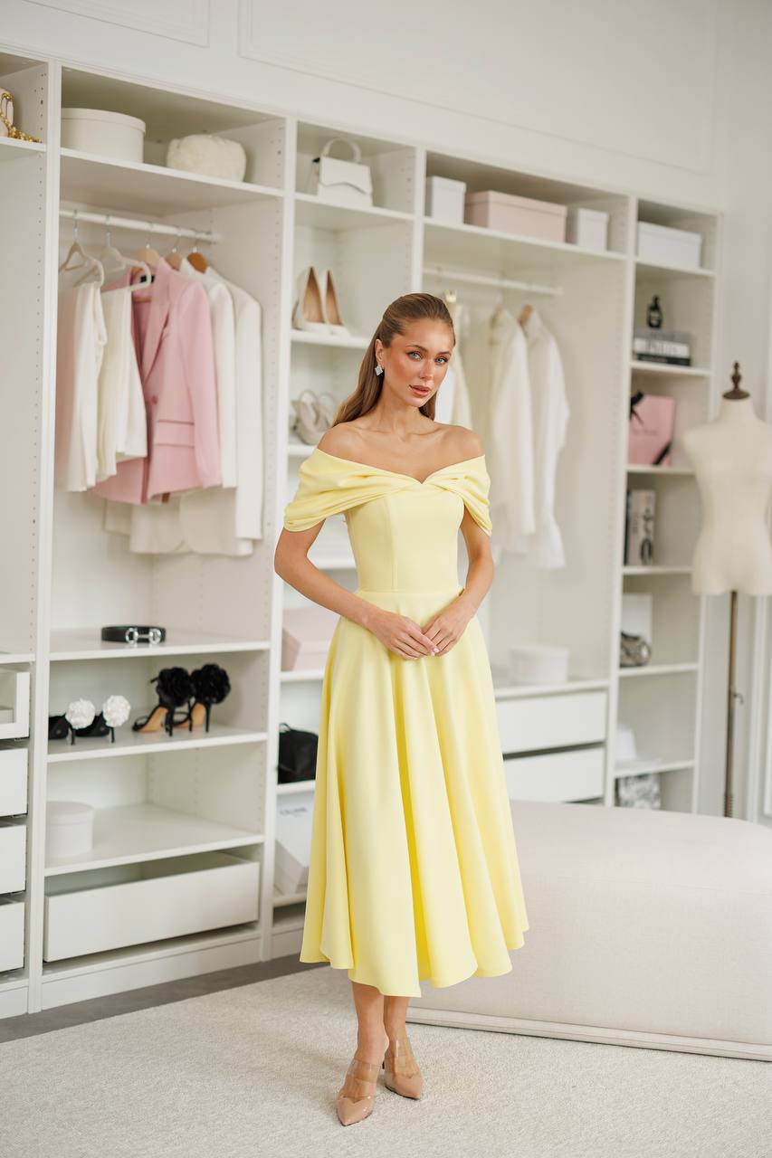 Elegant Off-Shoulder Yellow Diagonal Crepe Dress for Women